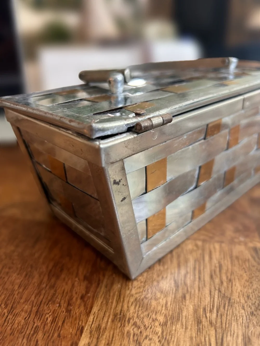 Vintage Mid Century Gold and Silver Minaudière Purse With Woven Geometric Design